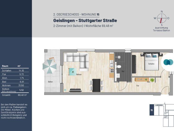Etagenwohnung Geislingen an der Steige - 2 Zimmer, 70 m&sup2;, 809&euro; | Angebot:23510004
