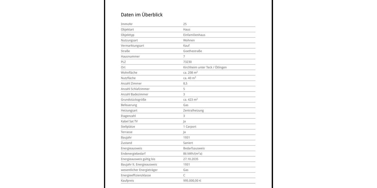 Einfamilienhaus Kirchheim unter Teck - 8.5 Zimmer, 220 m&sup2;, 799.000&euro; | Angebot:25409205