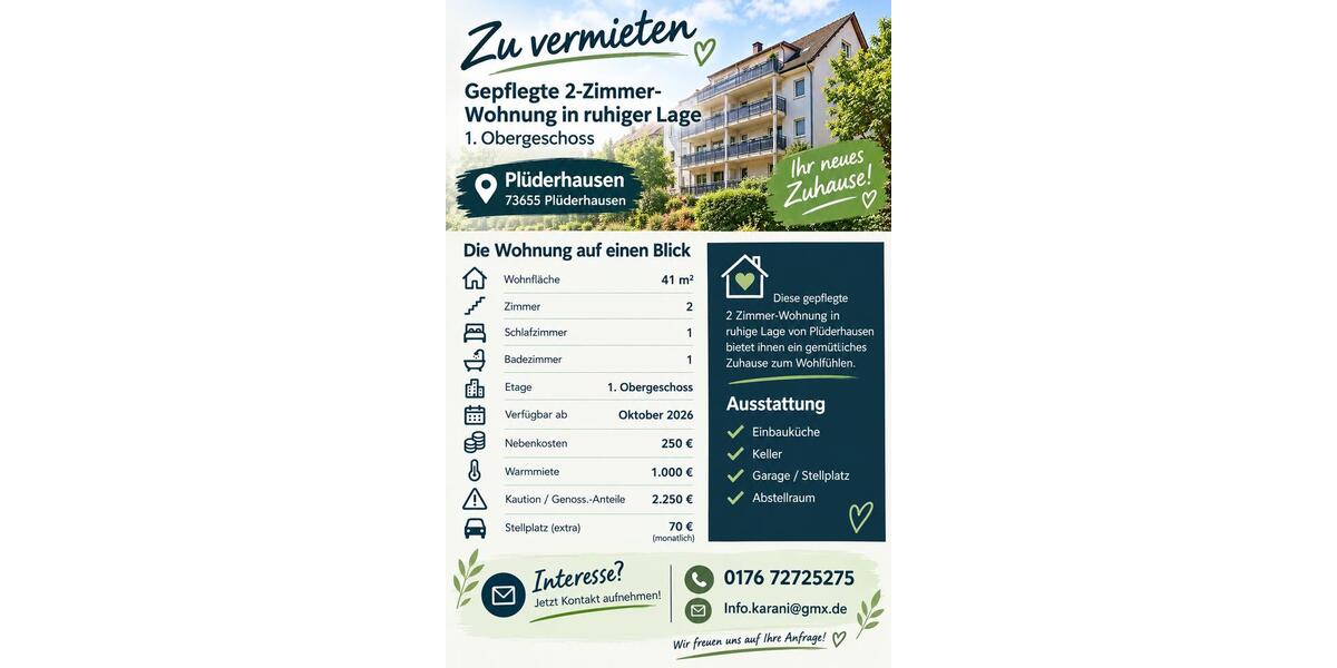 Etagenwohnung Plüderhausen - 2 Zimmer, 41 m&sup2;, 750&euro; | Angebot:27552261