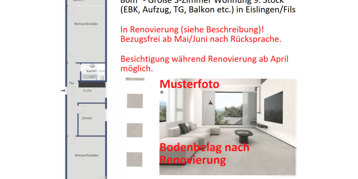 Etagenwohnung Eislingen (Fils) - 2 Zimmer, 86 m&sup2;, 950&euro; | Angebot:25369072