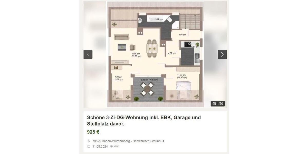 Dachgeschoßwohnung Schwäbisch Gmünd Bargau - 3 Zimmer, 80 m&sup2;, 925&euro; | Angebot:25998777
